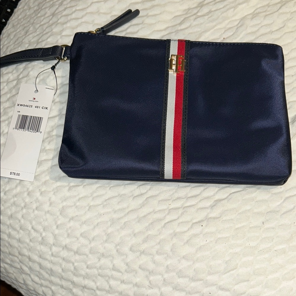 NWT Tommy Hilfiger Elegant Navy Clutch with Red and White Stripe